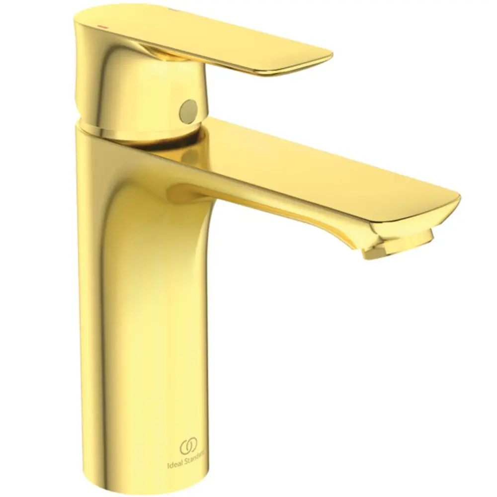 Waschbeckenarmatur in glänzendem Gold mit einem flachen Hebel zur Temperaturregulierung und einem Auslauf von 125 mm, Marke Ideal Standard.